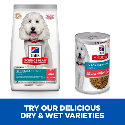 Hill's Science Plan Hypoallergenic suha i mokra hrana za pse, Adult 1–6, s lososom, bez žitarica. Tekst na engleskom: Try our delicious dry & wet varieties.