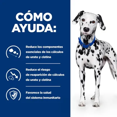 Texto: Cómo ayuda. Reduce los componentes esenciales de los cálculos de urato y cistina. Reduce el riesgo de reaparición de cálculos de urato y cistina. Favorece la salud del sistema inmunitario.