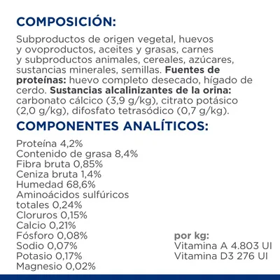 Composición: subproductos de origen vegetal, huevos, carnes, cereales, semillas. Componentes analíticos: proteína 4,2 %, grasa 8,4 %, fibra 0,85 %, humedad 68,6 %, vitaminas A y D3.
