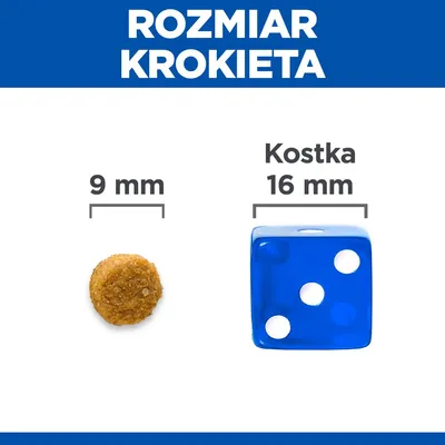 Porównanie rozmiaru krokieta 9 mm i kostki do gry 16 mm. Napis: Rozmiar krokieta. Po lewej krokiet, po prawej niebieska kostka z trzema oczkami.