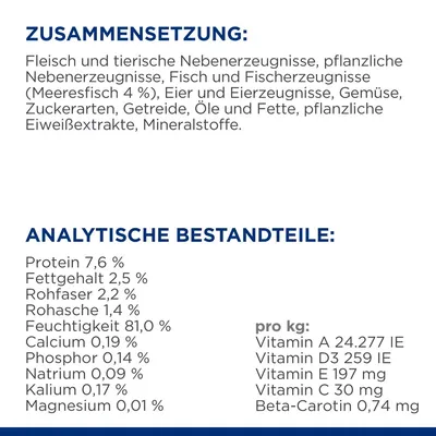 Zusammensetzung: Fleisch, tierische und pflanzliche Nebenprodukte, Fisch (Meeresfisch 4 %), Eier, Gemüse, Getreide. Analytische Bestandteile: Protein 7,6 %, Fett 2,5 %, Feuchtigkeit 81 %. Vitamine pro kg.