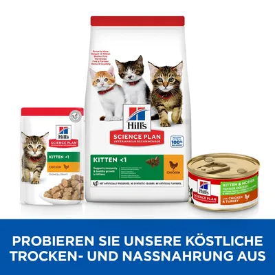Hill's Science Plan Kitten <1 Trocken- und Nassnahrung mit Huhn. Unterstützt Immunität und gesundes Wachstum bei Kätzchen. Probieren Sie unsere köstliche Trocken- und Nassnahrung aus.