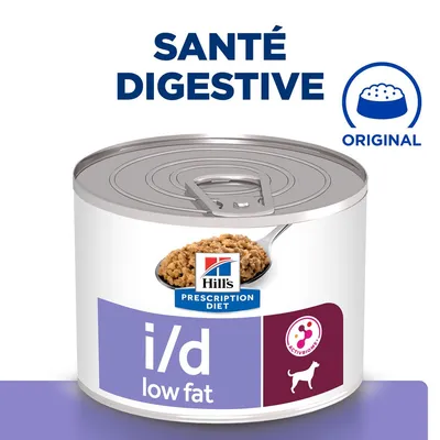 Boîte Hill's Prescription Diet i/d low fat, santé digestive, original, illustration de pâtée pour chien, logo ActivBiome+ et texte visible sur l’emballage.