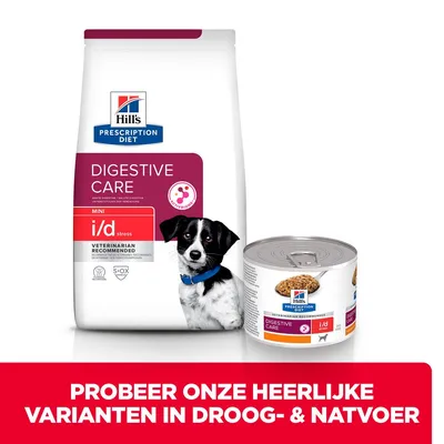 Hill's Prescription Diet Digestive Care MINI i/d Stress droogvoer en natvoer voor honden, verpakking met hond en blik. Tekst: Probeer onze heerlijke varianten in droog- & natvoer.