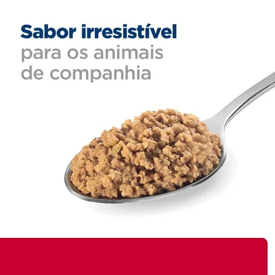 Texto: Sabor irresistível para os animais de companhia. Colher com comida húmida castanha para animais de estimação.