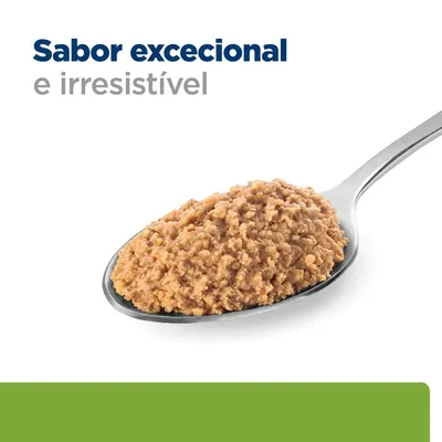 Texto: Sabor excecional e irresistível. Colher com comida húmida castanha para animais de estimação. Texto: Sabor excecional e irresistível. Colher com comida húmida castanha para animais de estimação.