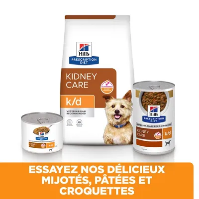 Hill's Prescription Diet Kidney Care k/d, croquettes et pâtées pour chien. Texte : Essayez nos délicieux mijotés, pâtées et croquettes.
