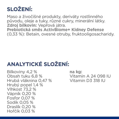 Zloženie: mäso a živočíšne produkty, vepřová játra, prebiotická zmes ActivBiome+ Kidney Defense. Analytické zloženie: bielkoviny 4,2 %, tuk 6,8 %, vláknina 0,47 %, vitamín A 24 098 IU, D3 318 IU.