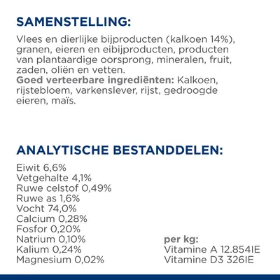 Samenstelling: kalkoen 14%, granen, eieren, plantaardige producten, mineralen, fruit, zaden. Analytische bestanddelen: eiwit 6,6%, vet 4,1%, vocht 74%, calcium 0,28%, vitamine A en D3.