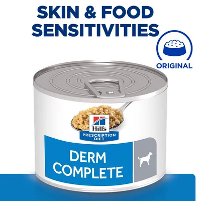 Hill's Prescription Diet Derm Complete tin with dog icon, text 'Skin & Food Sensitivities' and 'Original' above. Spoon with food shown on label.