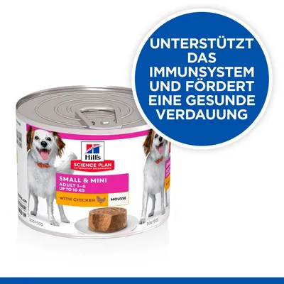 Hill's Science Plan Small & Mini Adult 1-6 bis 10 kg, Mousse mit Huhn. Unterstützt das Immunsystem und fördert eine gesunde Verdauung.