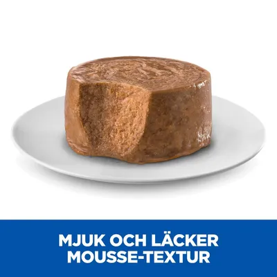 Mjuk och läcker mousse-textur, text på blå bakgrund under en bit våtfoder med mousse-konsistens på vit tallrik.