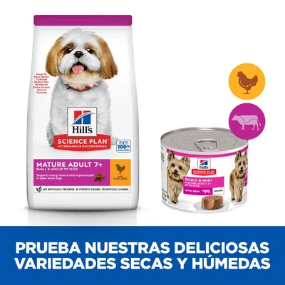 Hill's Science Plan Mature Adult 7+ para perros pequeños, saco de pienso con pollo y lata húmeda con ternera. Texto: Prueba nuestras deliciosas variedades secas y húmedas.