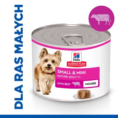 Hill's Science Plan Small & Mini Mature Adult 7+ with Beef Mousse, puszka z ilustracją psa i kawałkiem musu, napis: DLA RAS MAŁYCH