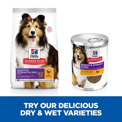 Sensitive Stomach & Skin adult food with chicken available in dry and wet varieties. Text: Try our delicious dry & wet varieties.