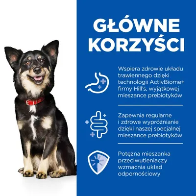Główne korzyści: wspiera zdrowie układu trawiennego dzięki technologii ActivBiome+ Hill’s, zapewnia regularne wypróżnianie, mieszanka przeciwutleniaczy wzmacnia odporność.
