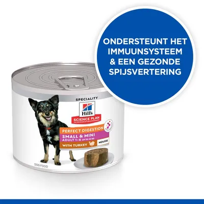 Hill's Science Plan Perfect Digestion Small & Mini Adult 1–6 up to 10 kg with Turkey Mousse. Ondersteunt het immuunsysteem & een gezonde spijsvertering.
