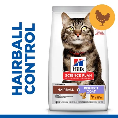 Hill's Science Plan Hairball & Perfect Coat Adult 1+ kattefoder med kylling. Tekst: Hairball Control, with Chicken, ikke kunstigt konserveret, ingen syntetiske farver eller smagsstoffer.