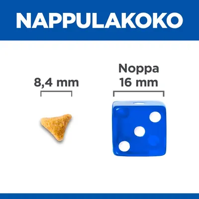 Nappulakoko: nappula 8,4 mm, vertailuna sininen noppa 16 mm. Tekstit: 'NAPPULAKOKO', '8,4 mm', 'Noppa 16 mm'.