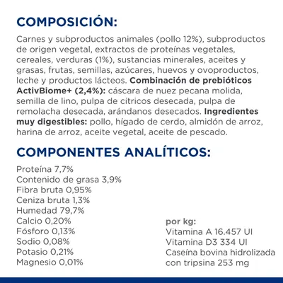 Composición: pollo 12 %, cereales, verduras 1 %, aceites, semillas, huevo, leche. Prebióticos ActivBiome+ 2,4 %. Componentes analíticos: proteína 7,7 %, grasa 3,9 %, humedad 79,7 %.