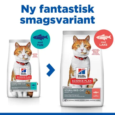 Hill's Science Plan Sterilised Cat Adult 1–6. Ny smagsvariant: med tun til med laks. Tekst: 'Ny fantastisk smagsvariant', 'med TUN', 'med LAKS'.