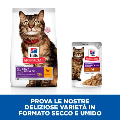 Hill's Science Plan Sensitive Stomach & Skin Adult 1+ per gatti, visibili confezioni secco con pollo e umido con tacchino. Testo: Prova le nostre deliziose varietà in formato secco e umido.