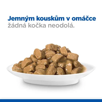 Miska s jemnými kousky v omáčce. Text: Jemným kouskům v omáčce žádná kočka neodolá.