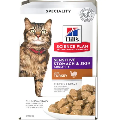 Hill's Science Plan Sensitive Stomach & Skin Adult 1-6 with turkey, chunks and gravy. No artificial preservatives or colours. Speciality cat food for sensitive digestion.