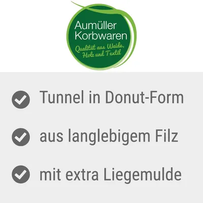 Aumüller Korbwaren. Kvalitet av pil, trä och textil. Tunnel i donutform, av slitstark filt, med extra liggyta.