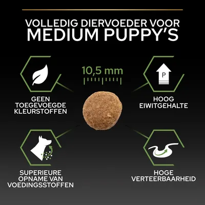 Volledig diervoeder voor medium puppy's, brok 10,5 mm. Geen toegevoegde kleurstoffen, hoog eiwitgehalte, superieure opname van voedingsstoffen, hoge verteerbaarheid.