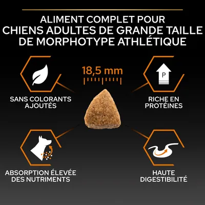 Aliment complet pour chiens adultes de grande taille morphotype athlétique, croquette 18,5 mm, sans colorants ajoutés, riche en protéines, absorption élevée des nutriments, haute digestibilité.