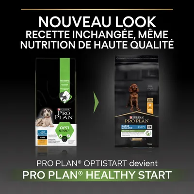 Annonce du changement de nom : PRO PLAN OPTISTART devient PRO PLAN HEALTHY START, nouveau look, recette inchangée, même nutrition de haute qualité. Deux sacs visibles pour chiot grande race.