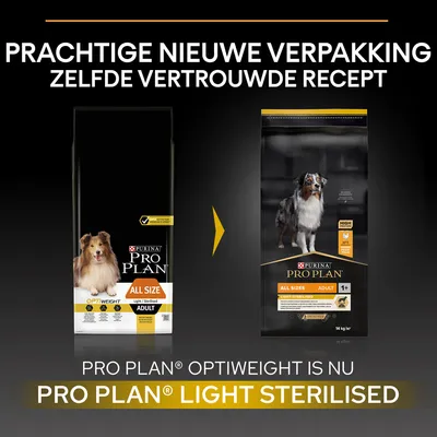 Purina Pro Plan hondenvoer: oude verpakking 'Optiweight' en nieuwe verpakking 'Light Sterilised'. Tekst: Prachtige nieuwe verpakking, zelfde vertrouwde recept. Pro Plan Light Sterilised.