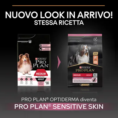 Nuovo look in arrivo, stessa ricetta. PRO PLAN OPTIDERMA diventa PRO PLAN SENSITIVE SKIN. Immagine di due confezioni di crocchette per cani adulti medium Purina Pro Plan.