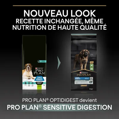 Annonce du nouveau look pour Purina Pro Plan Large Robust Adult : Optidigest devient Sensitive Digestion. Recette inchangée, même nutrition de haute qualité. Deux sacs visibles.