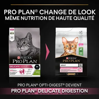 Changement de packaging : Purina Pro Plan Delicate Adult Optidigest devient Pro Plan Delicate Digestion Adult 1+ pour chats, même nutrition de haute qualité. Texte en anglais et français.