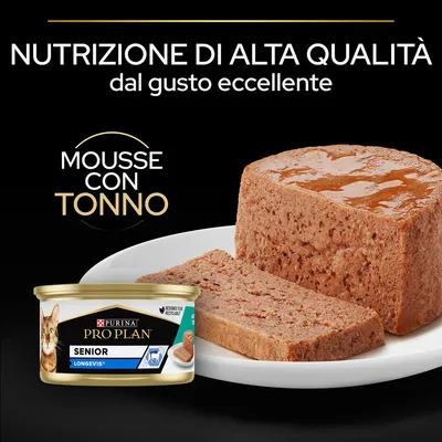 Purina Pro Plan Senior Longevis mousse con tonno. Testo visibile: Nutrizione di alta qualità dal gusto eccellente, mousse con tonno.