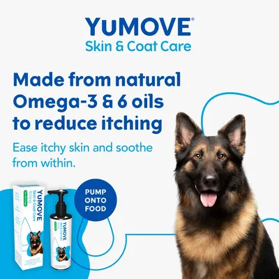 YuMOVE Skin & Coat Care made from natural Omega-3 and 6 oils to reduce itching. Ease itchy skin and soothe from within. Pump onto food.