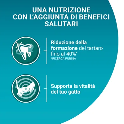 Testo: Una nutrizione con l’aggiunta di benefici salutari. Riduzione della formazione del tartaro fino al 40%* *Ricerca Purina. Supporta la vitalità del tuo gatto.
