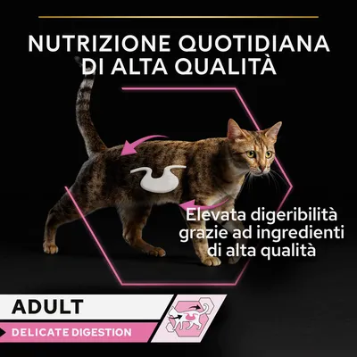 Nutrizione quotidiana di alta qualità. Elevata digeribilità grazie ad ingredienti di alta qualità. ADULT DELICATE DIGESTION.