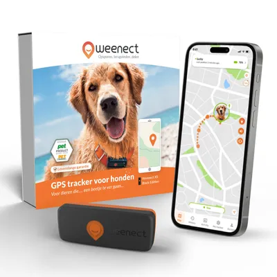 Weenect GPS tracker pro psy, Weenect XS Black Edition, doživotní záruka, balení s obrázkem psa, viditelný smartphone s aplikací pro sledování a sledovací zařízení.