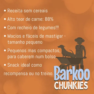 Barkoo Chunkies: receita sem cereais, 88% carne, recheio de legumes, macios e fáceis de mastigar, pequenos e compactos, snack ideal como recompensa ou no treino.