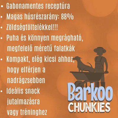 Gabona­mentes receptúra, 88% hústartalom, zöldségtöltelékkel, puha falatkák, kompakt méret, ideális snack jutalmazásra vagy tréninghez. Barkoo Chunkies.