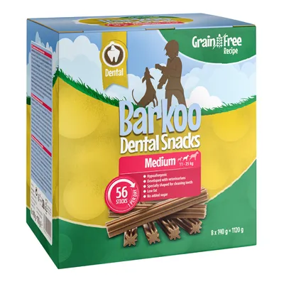 Barkoo Dental Snacks Medium, hypoallergenic, developed by veterinarians, specially shaped for dental cleaning, low fat, no added sugar. 56 sticks per pack, 8x140g = 1120g.