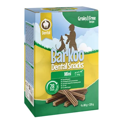 Barkoo Dental Snacks Mini, grain free recipe, 28 sticks per pack, hypoallergenic, developed with veterinarians, specially shaped for dental cleaning, low fat, no added sugar.