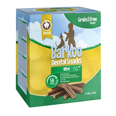 Barkoo Dental Snacks Mini, hypoallergenic, grain-free, developed with veterinarians, specially shaped for dental cleaning, low fat, no added sugar. Pack of 56 sticks for dogs 5-10kg.