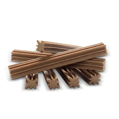 Brown, star-shaped chew sticks stacked, suitable as a snack or reward for pets.
