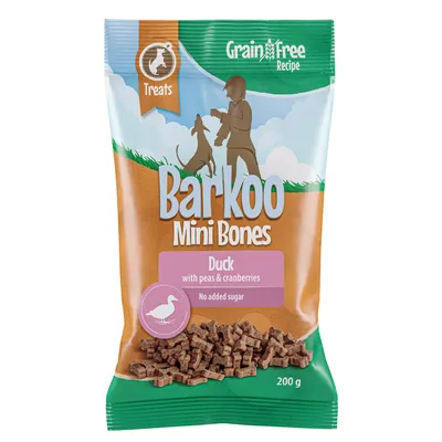 Barkoo Mini Bones, 200g, s kachnou, hráškem a brusinkami. Receptura bez obilovin, bez přidaného cukru.