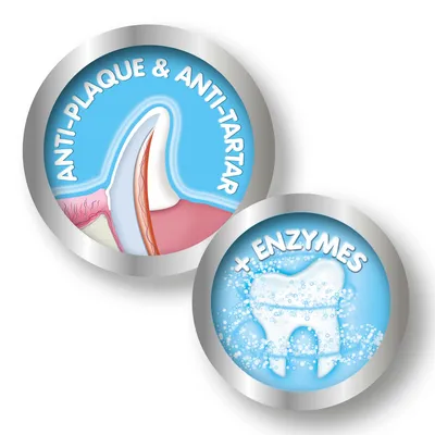 Diagram showing anti-plaque and anti-tartar benefits with added enzymes for dental care, featuring a tooth illustration and highlighted product features.