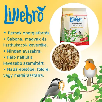 Lillebro Wildvogelfutter madáreleség csomagolás, keverék gabonával, magvakkal és lisztkukacokkal. Szöveg: remek energiaforrás, minden évszakra, háló nélkül, madáretetőbe vagy földre.